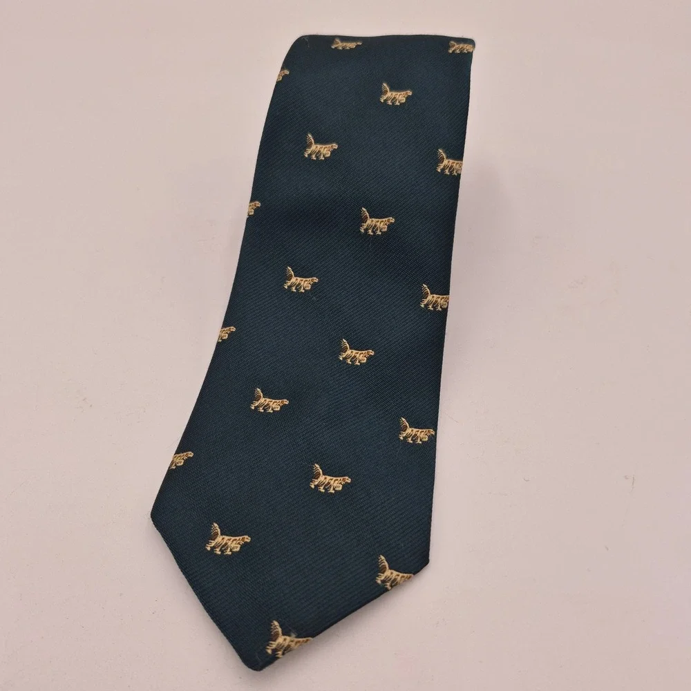 House of Arden Men Dark Teal Silk Blend Spaniel Dog Animal Print Necktie